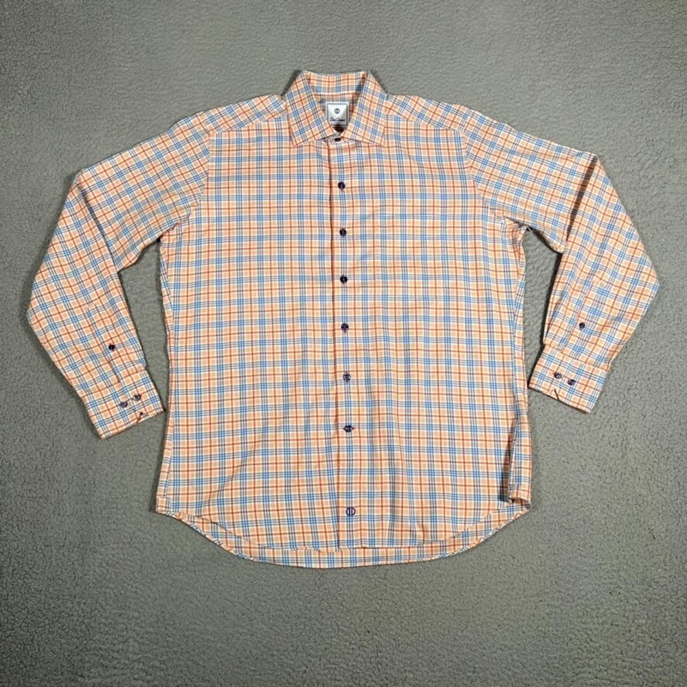David Donahue Shirt Mens‎ Large Orange Plaid Button Up Casual Preppy Dress Logo